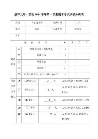 七二班英语期末考试成绩分析表