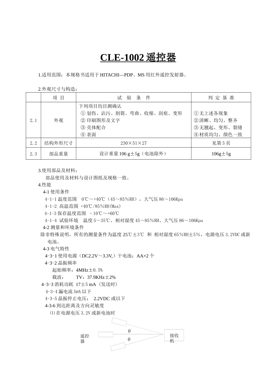 日立液晶电视遥控器规格书_中文版(080826)_第1页