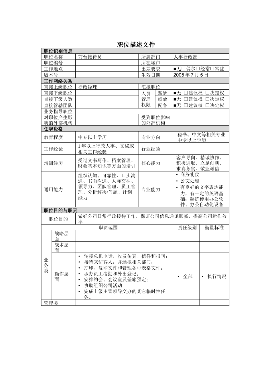 前台接待员岗位说明书（A）_第1页