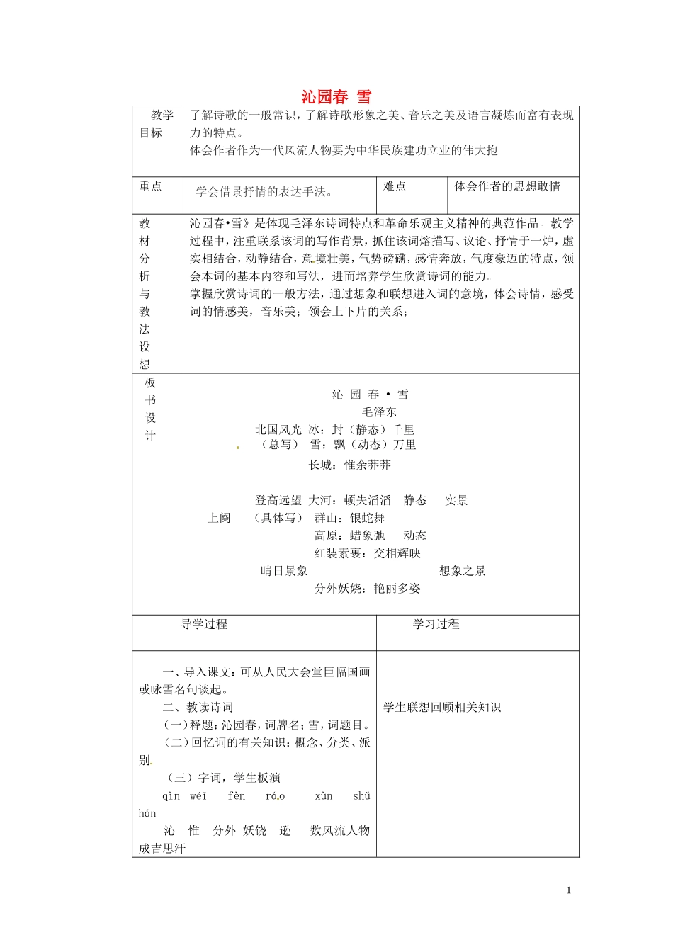 （中小学精品）沁园春教学设计_第1页