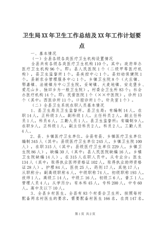 卫生局XX年卫生工作总结及XX年工作计划要点