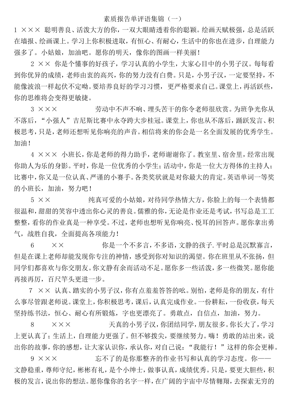 素质报告单评语集锦_第1页