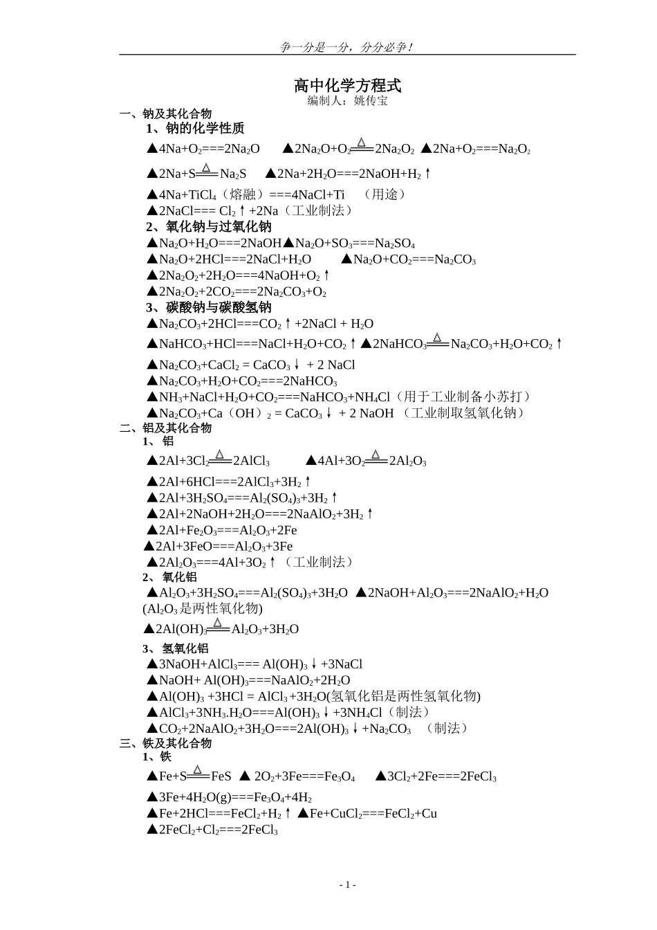 高中重点化学方程式和重要知识点_第1页