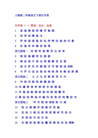 人教版二年级语文下册生字表一和表二