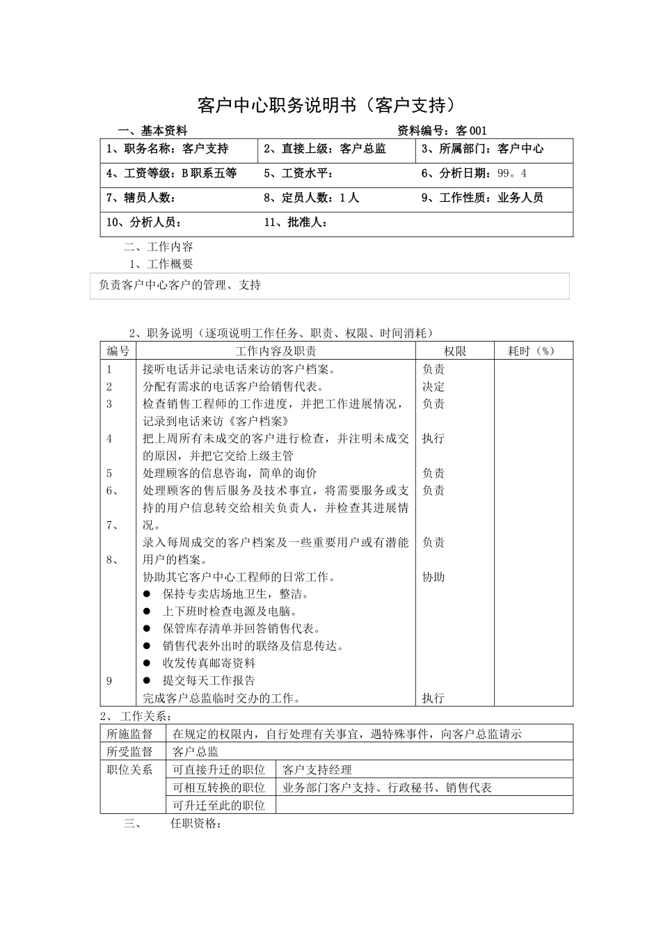 客户中心职务说明书（客户支持）_第1页