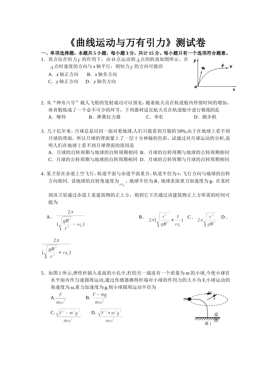 曲线运动、万有引力测试卷_第1页
