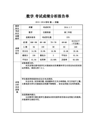 数学考试成绩分析表表