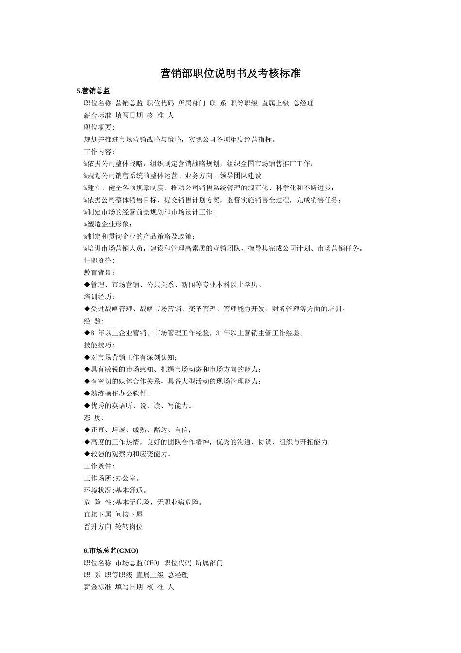 营销部岗位说明书及考核标准_第1页