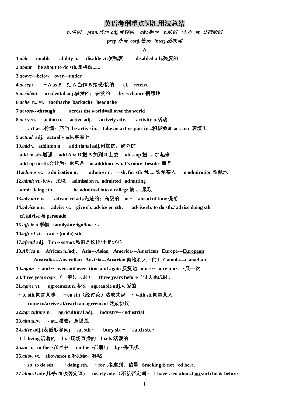 英语考纲重点词汇用法总结_第1页