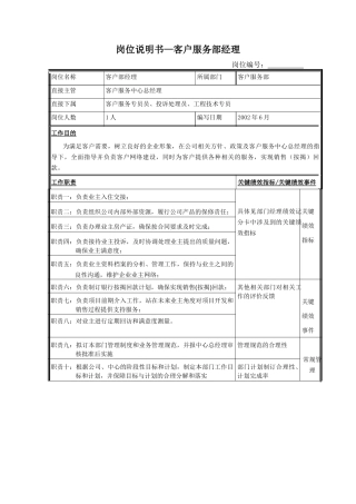 客户部经理岗位说明书-样例