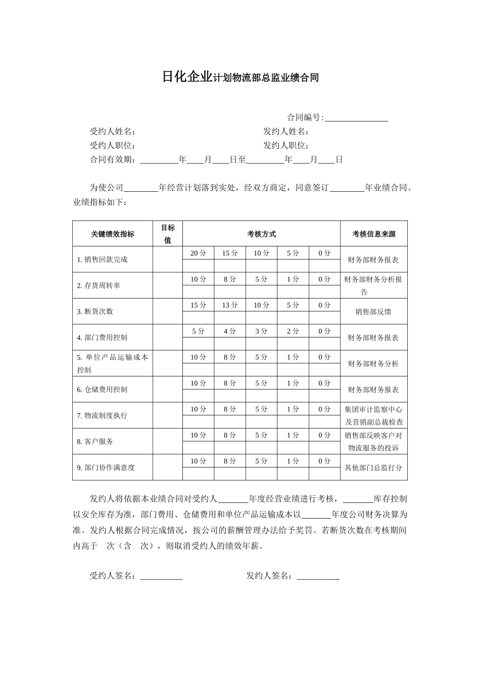 日化企业计划物流部总监业绩合同_第1页