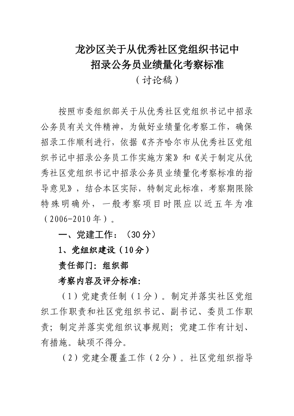 社区书记业绩量化考察方案(讨论稿)_第1页