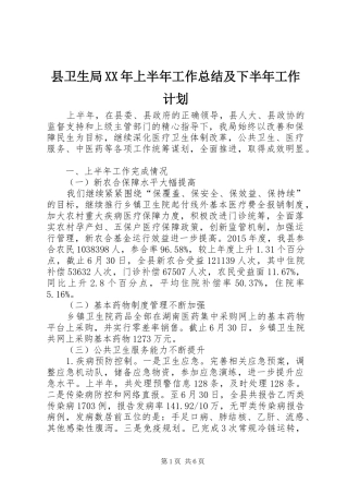 县卫生局XX年上半年工作总结及下半年工作计划