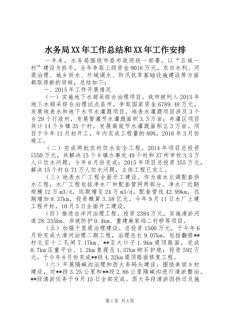 水务局XX年工作总结和XX年工作安排_第1页