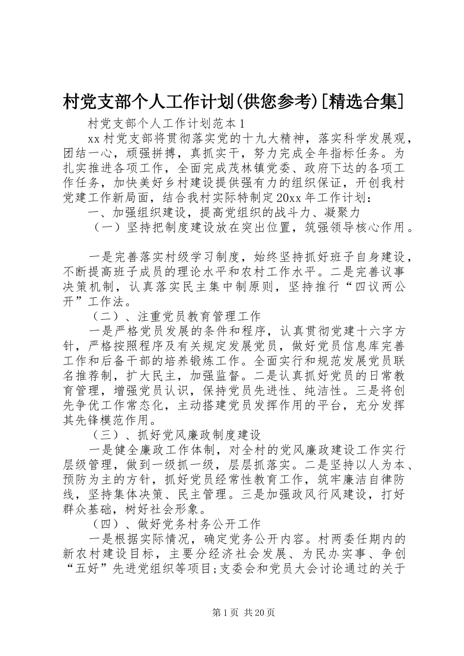 村党支部个人工作计划(供您参考)[精选合集]_第1页