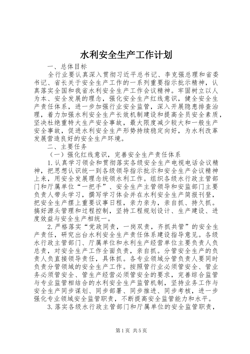 水利安全生产工作计划_第1页