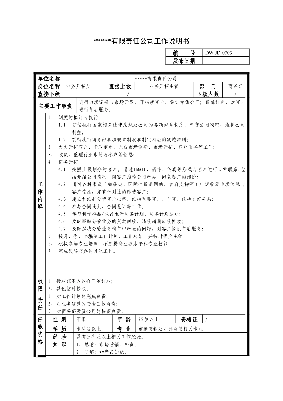 销售行业-某中型制造业业务员岗位说明书_第1页