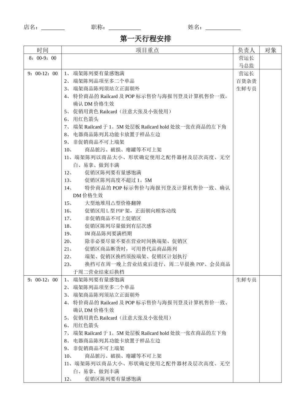 营运部门门店销售巡检行程安排表_第1页