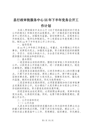 县行政审批服务中心XX年下半年党务公开工作计划