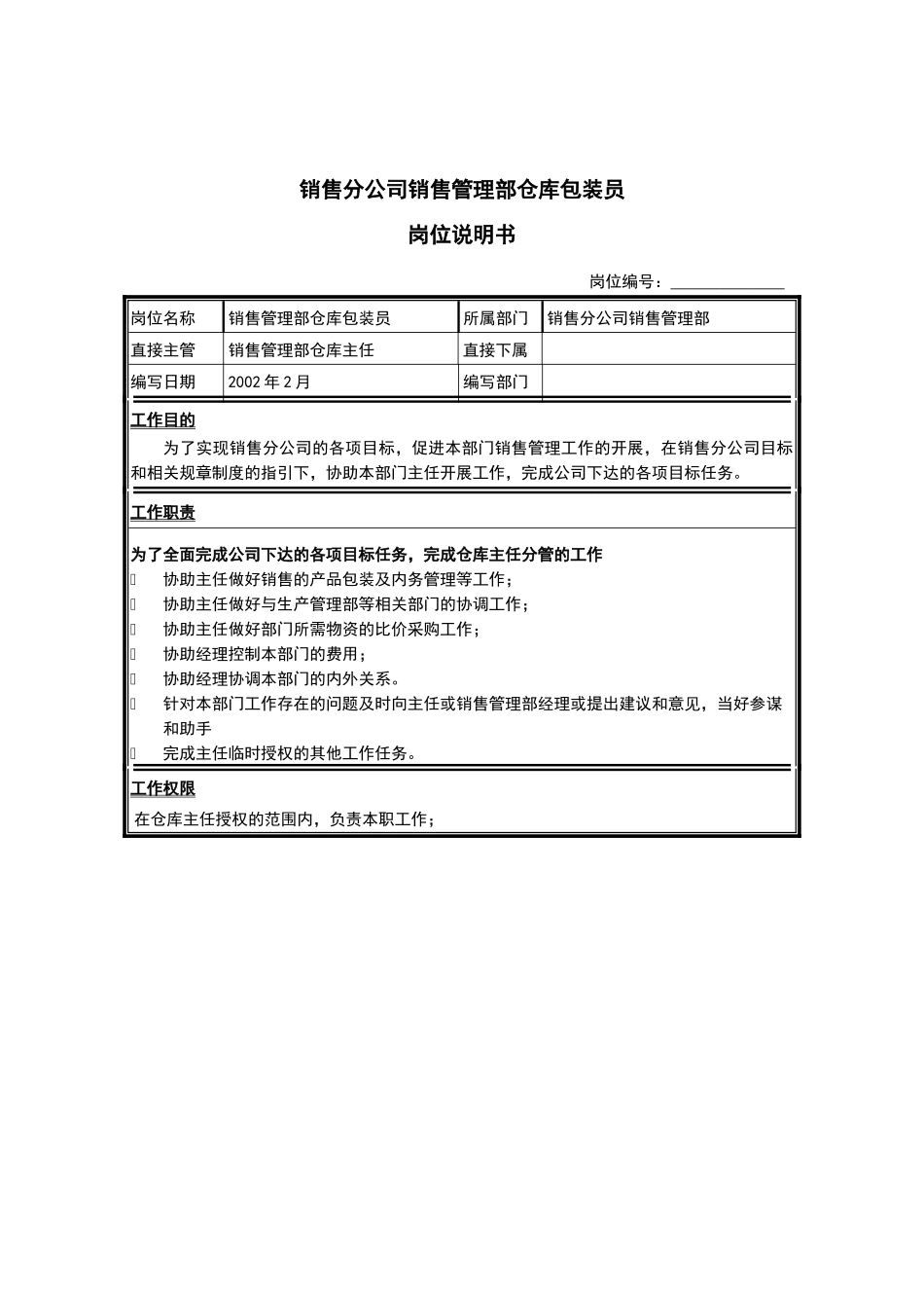 销售分公司销售管理部仓库包装员岗位说明书_第1页