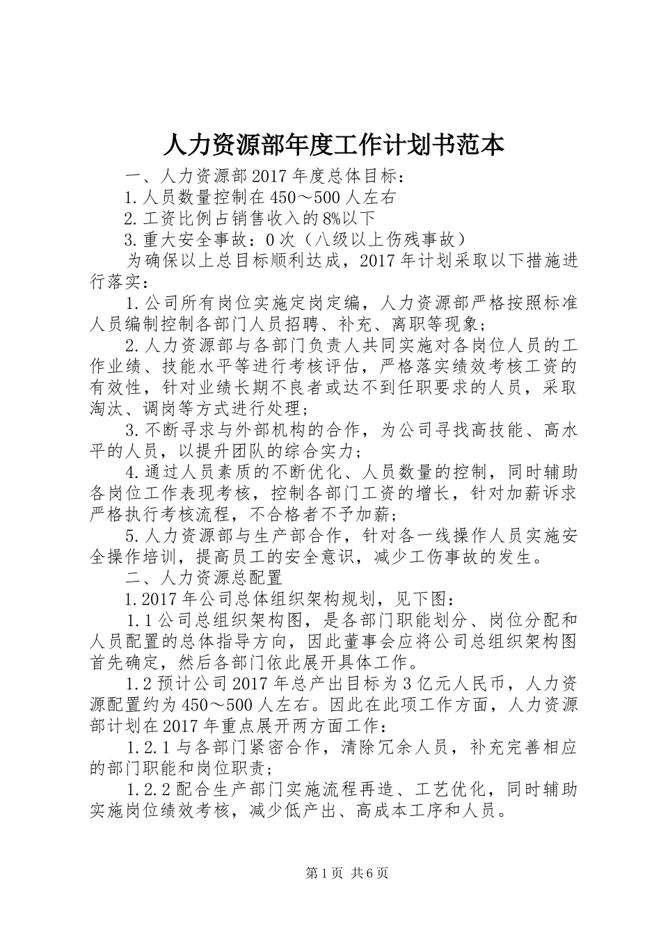 人力资源部年度工作计划书范本_第1页