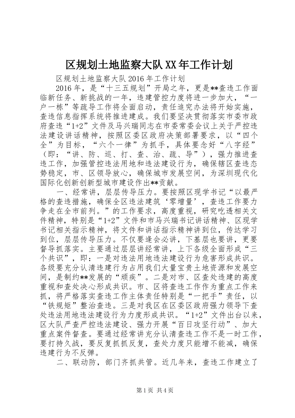 区规划土地监察大队XX年工作计划_第1页