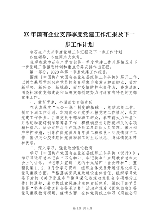 XX年国有企业支部季度党建工作汇报及下一步工作计划