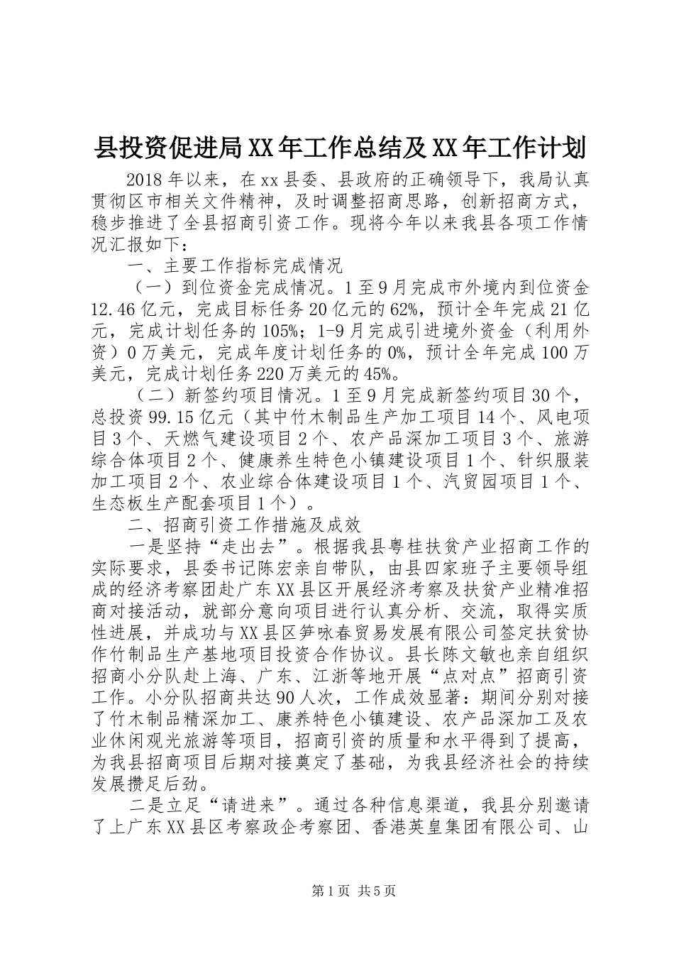 县投资促进局XX年工作总结及XX年工作计划_第1页