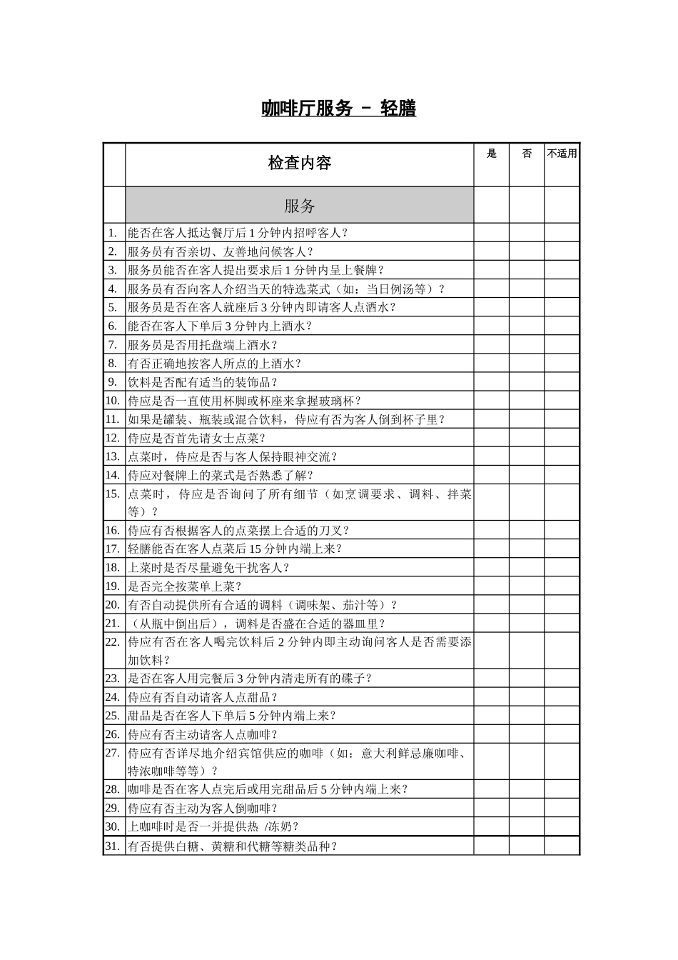 咖啡厅服务检查表（轻膳）_第1页