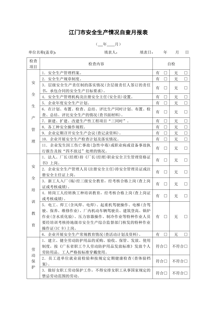 企业安全生产情况月报表-江门市安全生产通用检查表_第1页