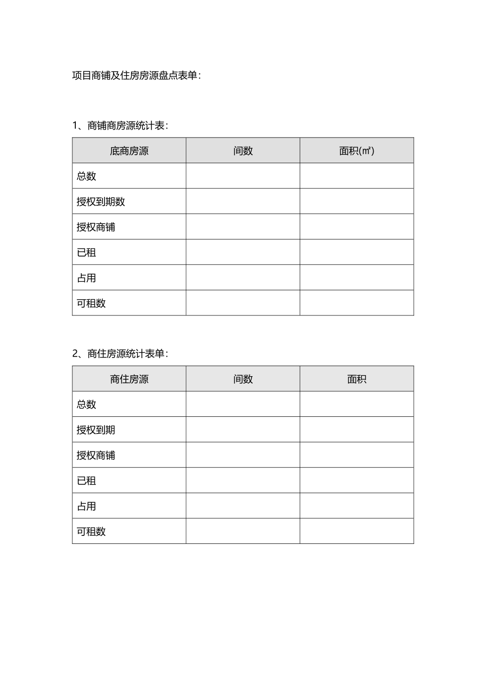 项目商铺及住房房源盘点表单_第1页