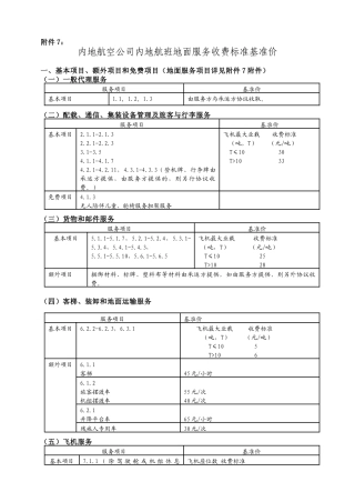 内地航空公司内地航班地面服务收费标准基准价