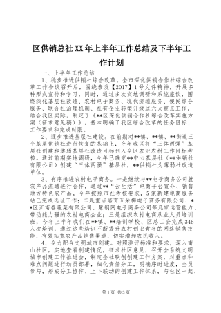区供销总社XX年上半年工作总结及下半年工作计划