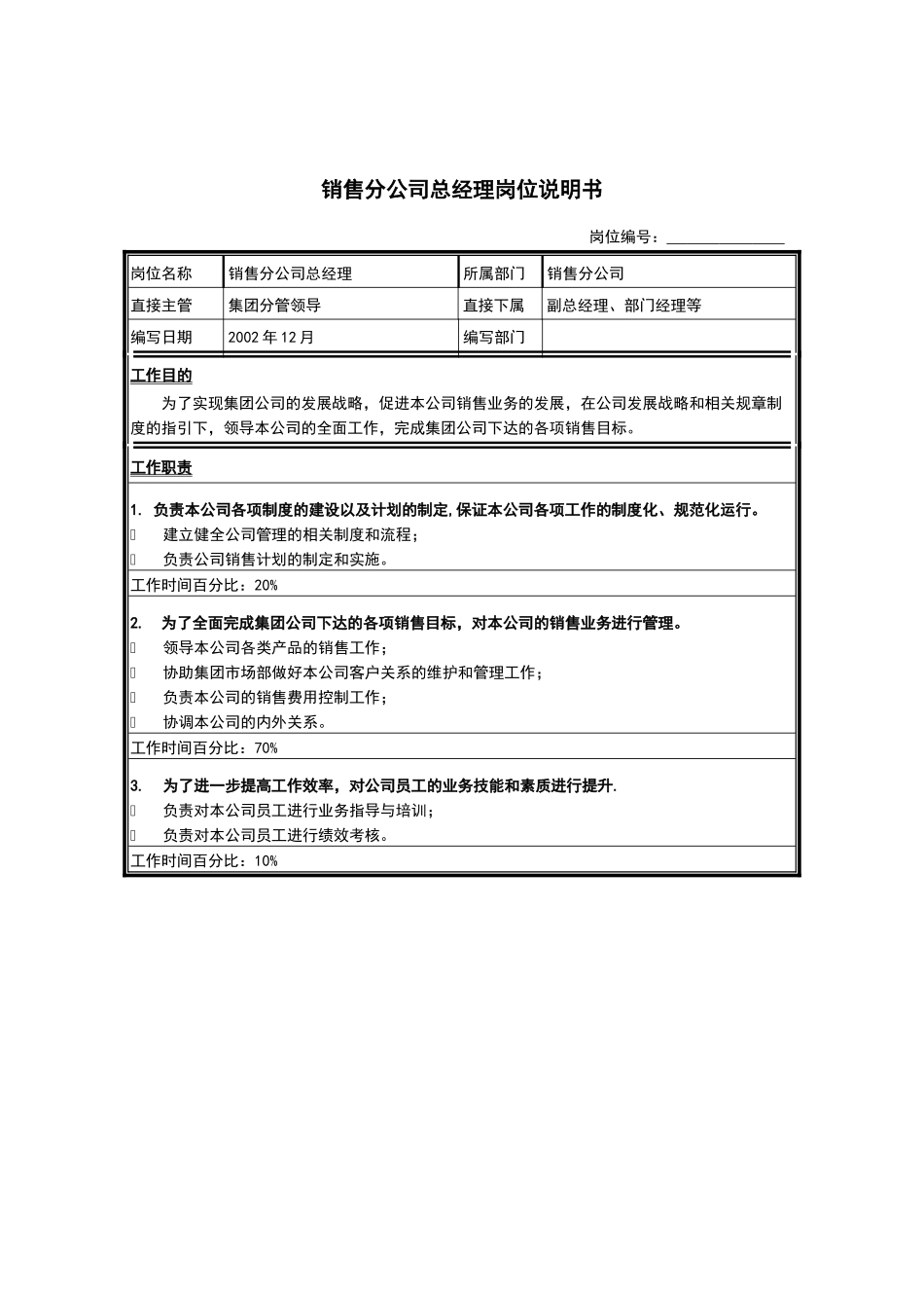 销售分公司总经理岗位说明书_第1页