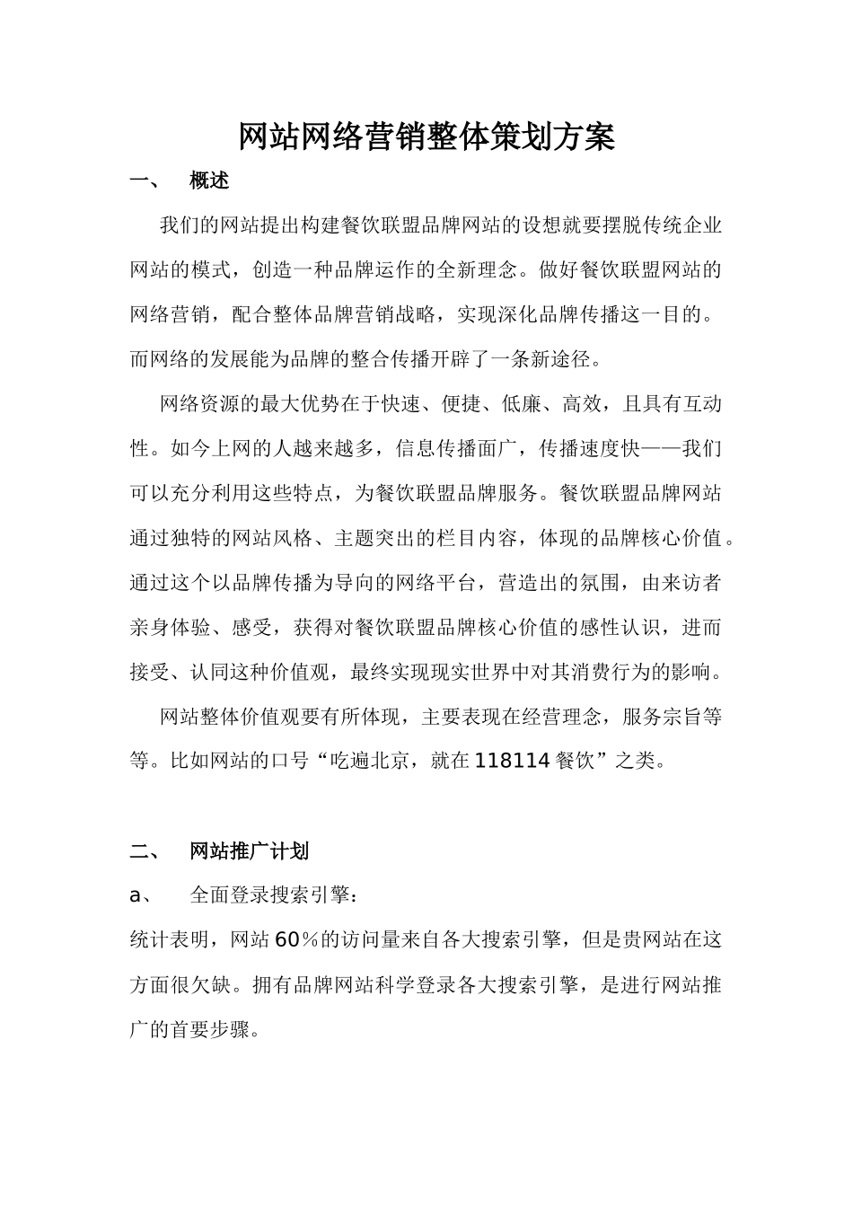 网站网络营销的整体策划方案_第1页