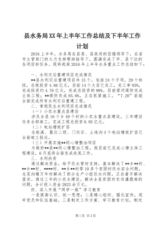 县水务局XX年上半年工作总结及下半年工作计划