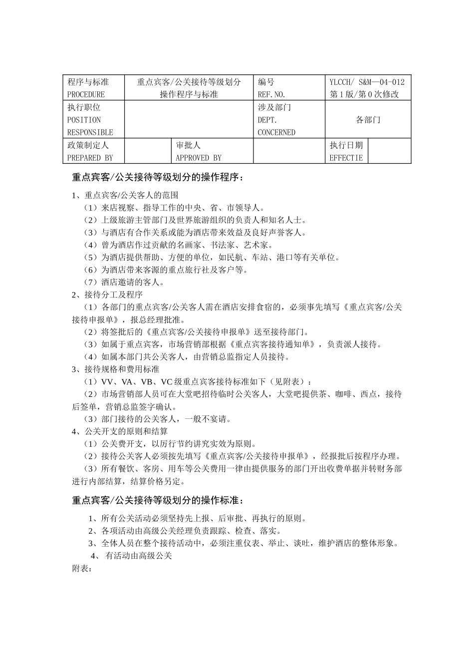 重点宾客-公关接待等级划分操作程序与标准_第1页