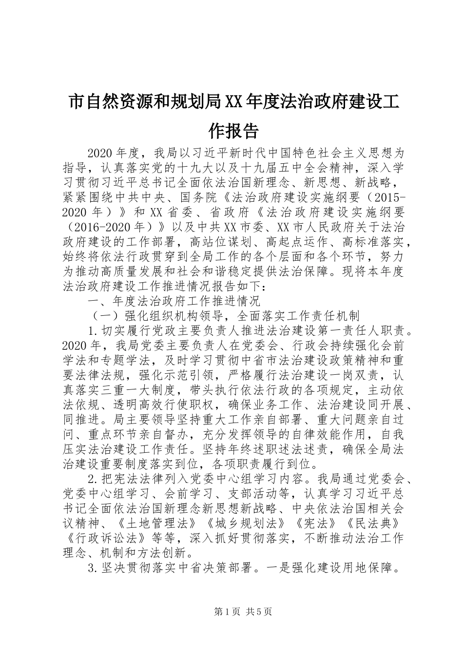 市自然资源和规划局XX年度法治政府建设工作报告_第1页