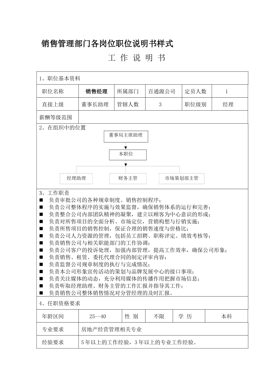 销售管理体系各岗位职位说明书_第1页