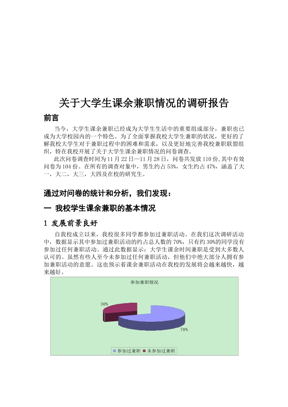 有关大学生课余兼职情况的调研报告_第1页