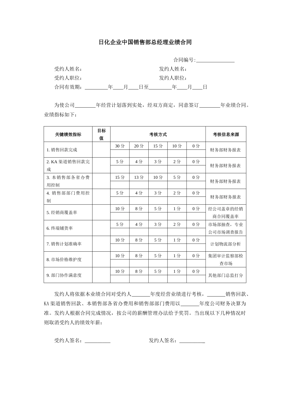 日化企业中国销售部总经理业绩合同_第1页