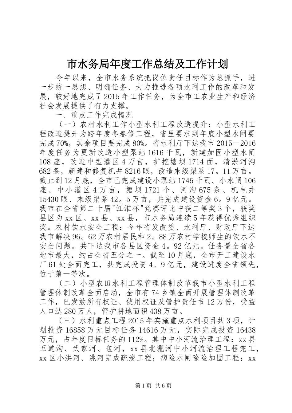 市水务局年度工作总结及工作计划_第1页