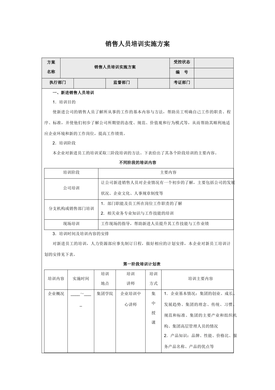 销售人员培训实施方案_第1页