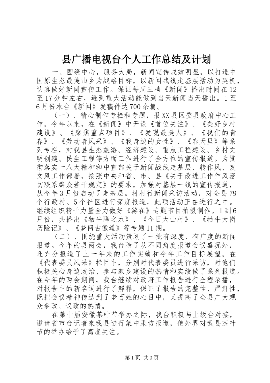 县广播电视台个人工作总结及计划_第1页