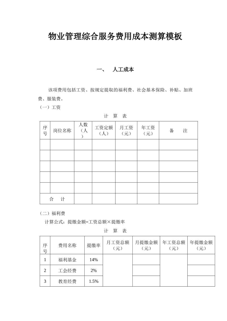 物业管理综合服务费用成本测算模板_第1页