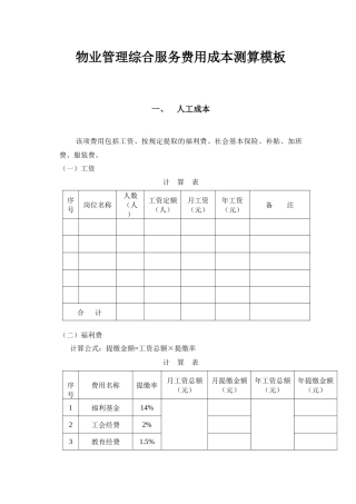 物业管理综合服务费用成本测算模板