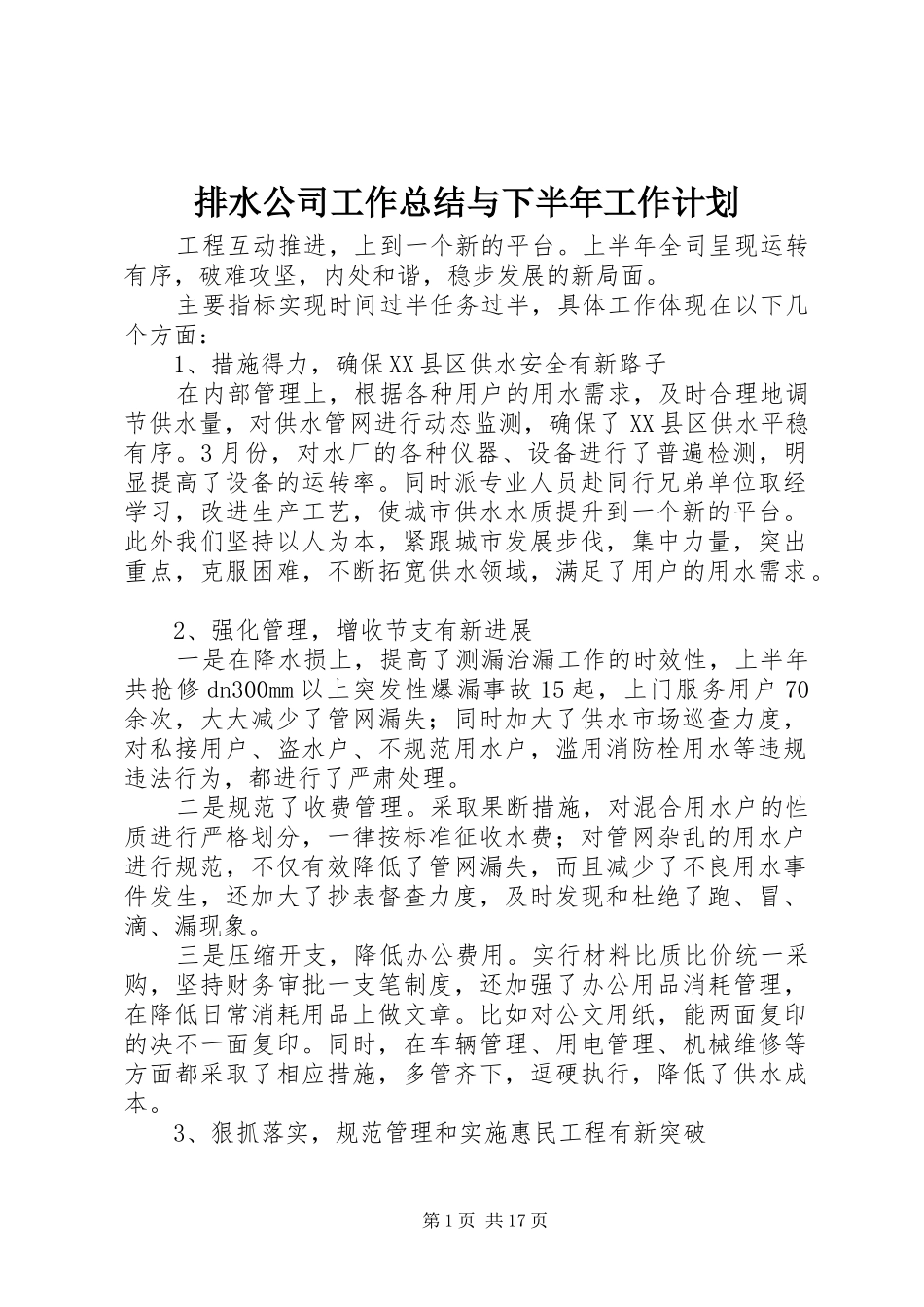 排水公司工作总结与下半年工作计划_第1页