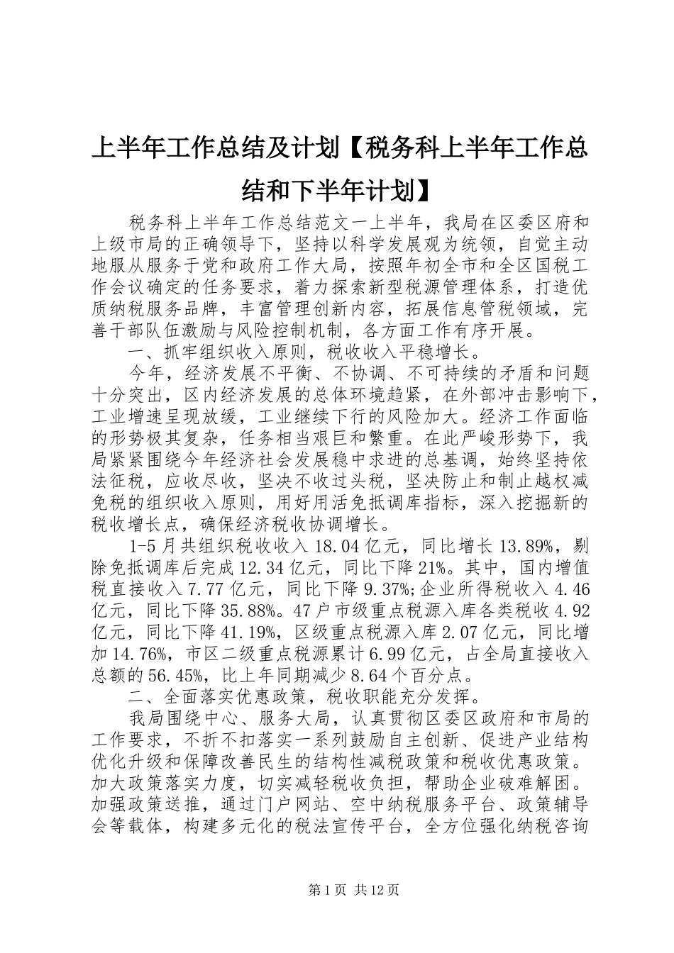 上半年工作总结及计划【税务科上半年工作总结和下半年计划】_第1页