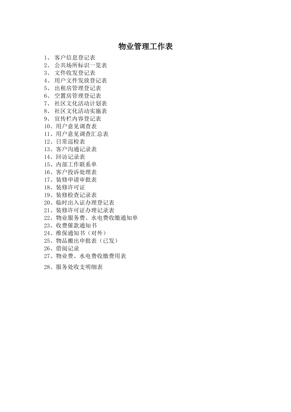 物业管理服务工作表格汇总_第1页