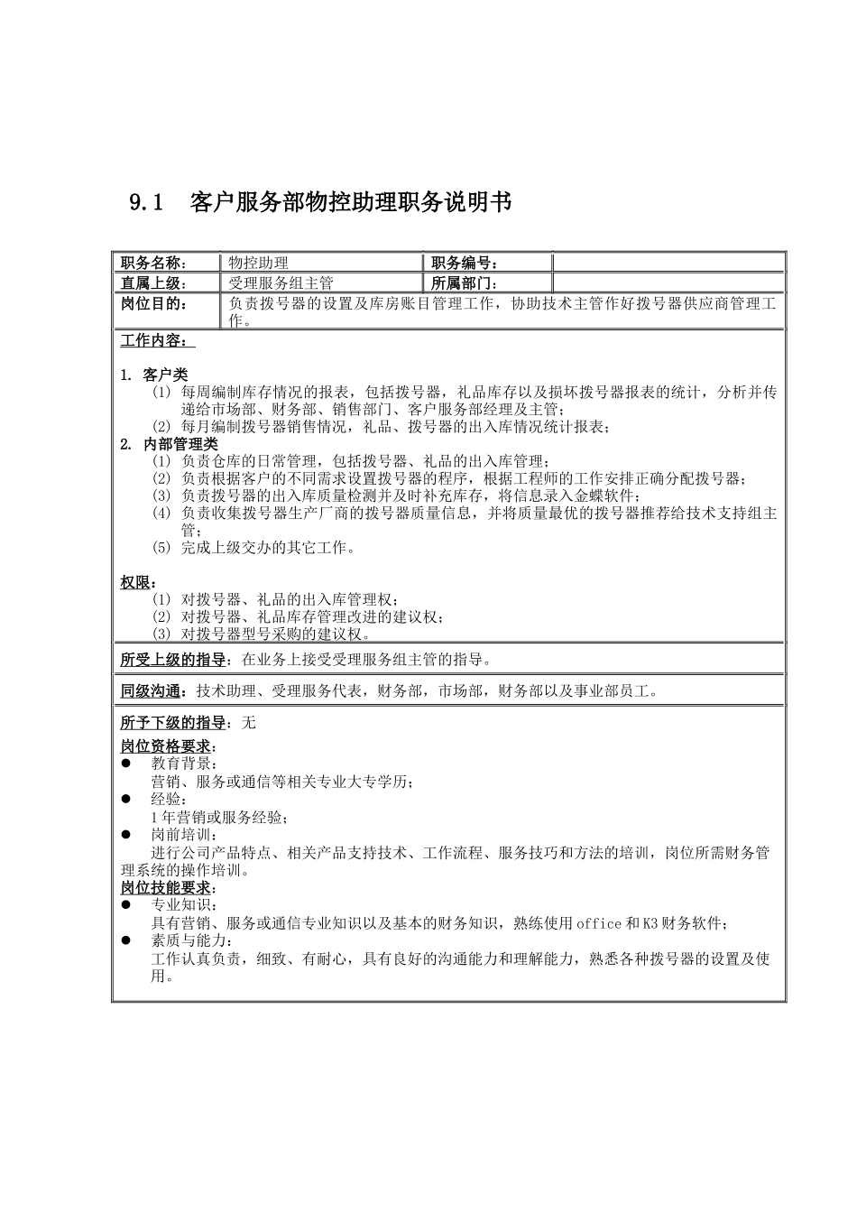 客户服务部受理组岗位说明书_第1页
